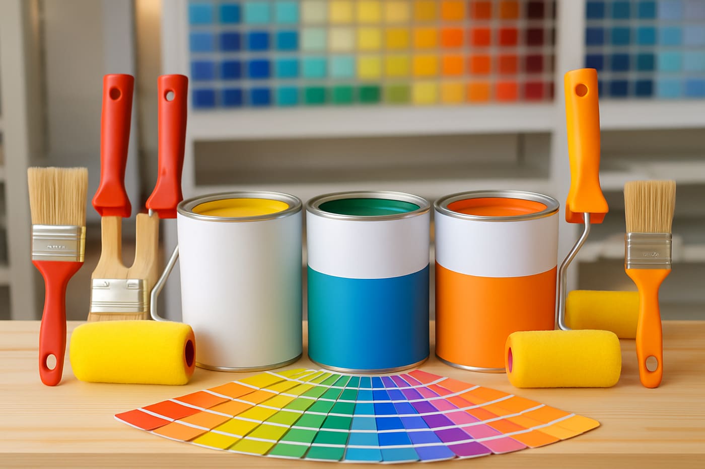 Tintas, rolos e pincéis organizados